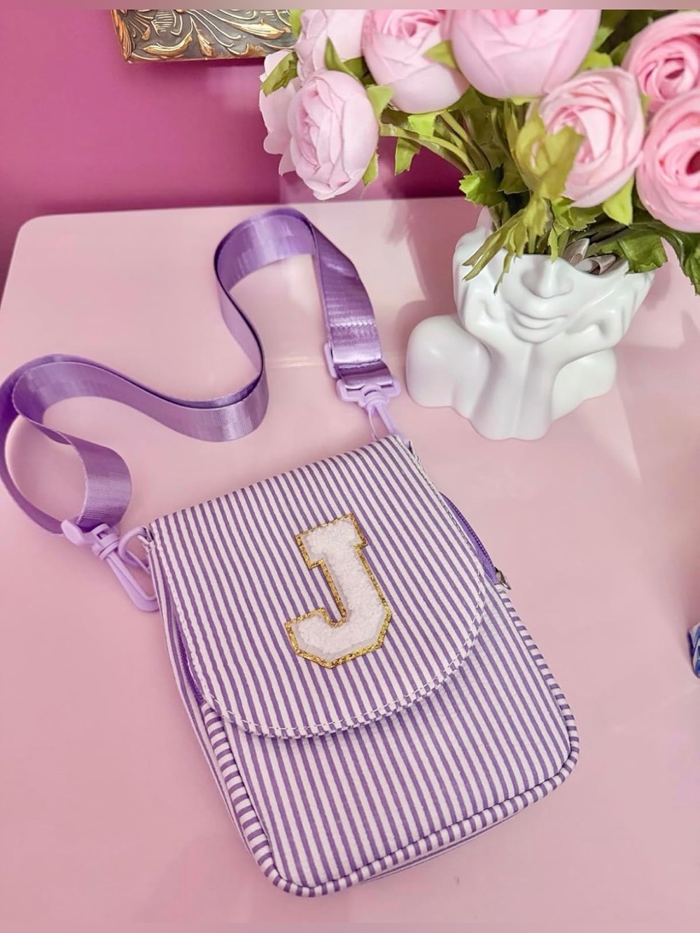 Purple & White Striped Monogram J Crossbody Bag